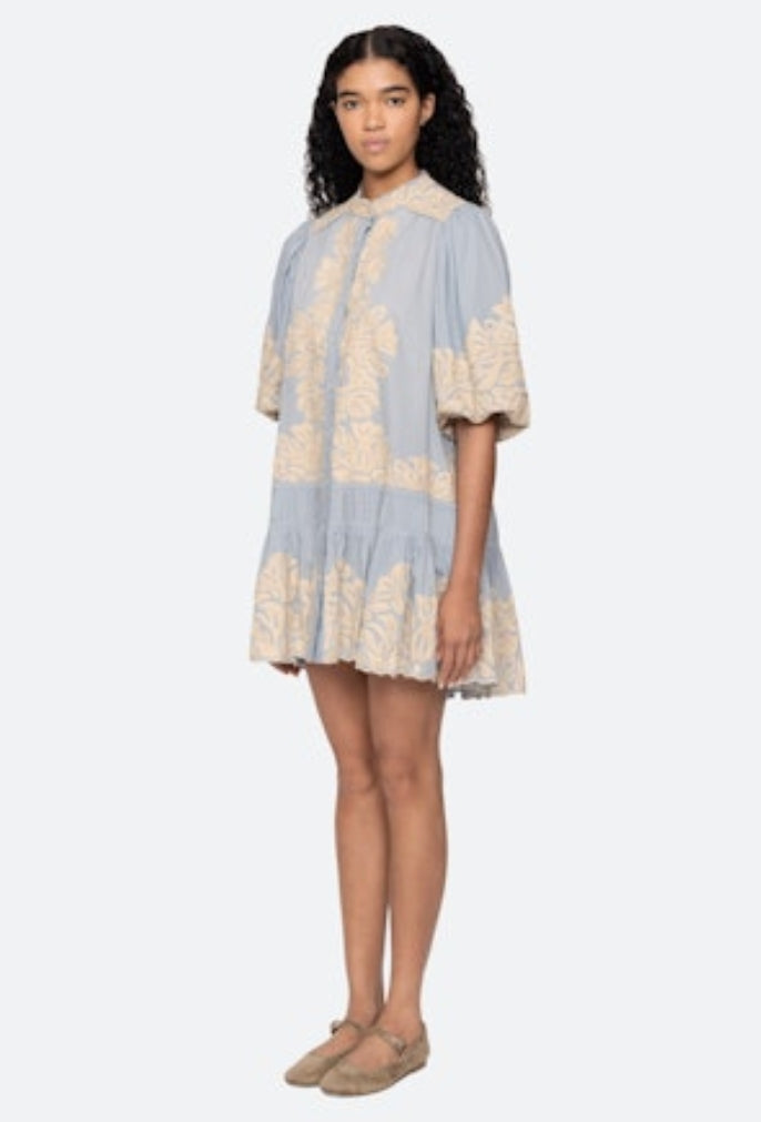 Alexandra Embroidered Bubble Sleeve Tunic Dress - Blue  GIRL NEXT DOOR