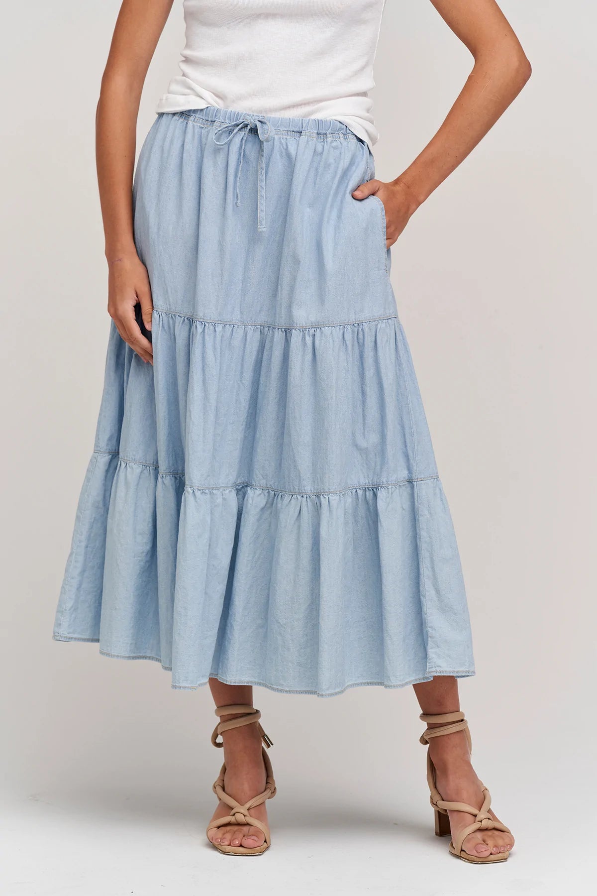 Tiered chambray shop skirt